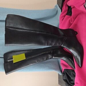 Gianni Bini Knee Length Black Leather Boots Pointed Toe Kitten Heel NWT
